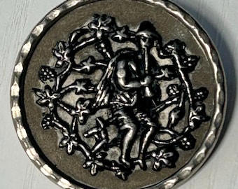 Pewter Picture Button, Victorian Era, Antique, Large 1 1/4" Diameter, The Piper, Very Good Condition, Collectible