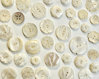 38 Mother-of-Pearl Buttons, Vintage, 1/2 to 1 Inch Diameters, Floral Styles, Two & Four Hole Shanks, Carved, Collect or Craft