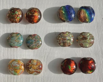Blown Glass Beads, Set of 2, Round Flat Disc, Metallic Foil & Metallic Fleck, 6 Color Choices, Jewelry Crafting Supply