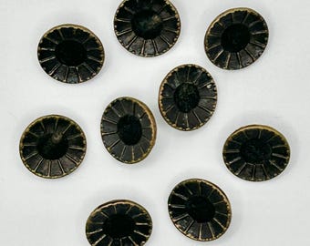 Brass-Velvet Perfume Buttons, Antique, Set of 9, 9/16 Inch Diameter, Flower Design, Collectible Buttons