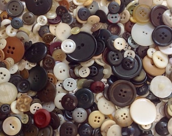 Assorted Crafting Buttons, 2 Cups, Mixed Size & Neutral Color, Pre-used and Vintage