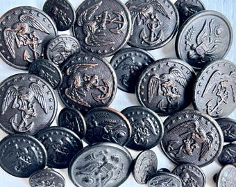 Military Buttons, 27 Total Assorted Military Buttons, WWI Style, USMC Style, 3 sizes, Black Painted on Metal, All Back Marked, Collectible