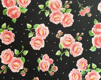 Cotton Jersey Remnant, 2 Yards, Black with Pink Rose Floral, 60 " Width, One Way Stretch