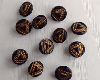 Black-Glass Diminutive Buttons, Vintage, Set of 11, 5/16" Diameter, Hand Gold Luster Paint, Self Shanks, Craft or Collect Buttons