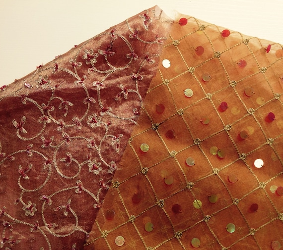 Silk-Organza Novelty Fabrics, Set of 2 Fabrics, Gold Embroidered, Sequins & Beads Embellished, 8" x 42" and 9" x 42", Two Crafting Remnants
