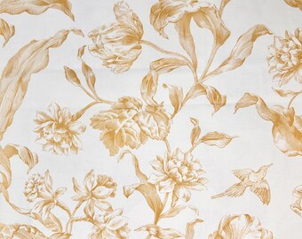 Cotton-Blend Curtain Fabric, 2 Yards, Medium Weight, Gold Print, Ecru Background, 58 Inches Wide, Vintage-No Selvage Info