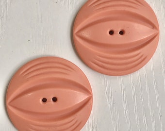 Plastic Coat Buttons, Vintage Modern Plastic, XLG-1 3/4 Inch Diameter, Set of 2, Warm Pink Color, Two Hole, Circa 1950s