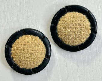 Early-Plastic Coat Buttons, Vintage Celluloid, Fabric Inset, Black & Beige, XLG-1 5/8" Diameter, Set of 2, Self Shank