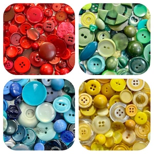 May include: Assortment of colorful buttons in various shapes and sizes. The buttons are made of plastic and have a smooth finish. The colors include red, blue, green, yellow, and white.