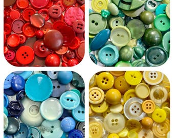Assorted Crafting Buttons, Red, Blue, Green & Yellow, Varied Sizes and Types, 1 Cup Full (Approx. 200 Buttons), Pre-used and Vintage