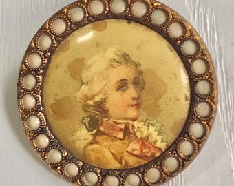 Lithograph Portrait Button, Antique, Count Fersen Portrait, 1 1/4" Diameter, Celluloid Cover, Metal Loop Shank, 19th Century