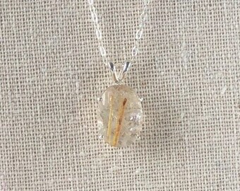 RUTILATED QUARTZ Golden Needle Genuine Oval 14x10mm Pendant set in Sterling Silver Over 5 Carats Sterling Chain Available Gorgeous Gemstone!