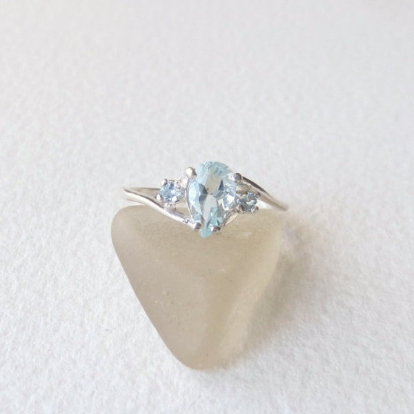 SANTA MARIA AQUAMARINE Blue Genuine Natural Untreated 8x5mm Pear with Side Stones Ring set in Sterling Silver "One of a Kind"
