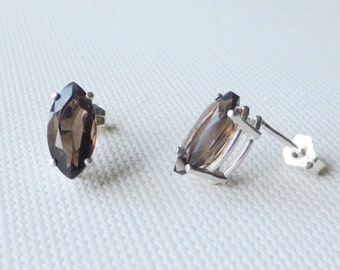 Smoky Quartz Genuine Natural 12x6mm Marquise Stud Earrings set in Sterling Silver Stunning!