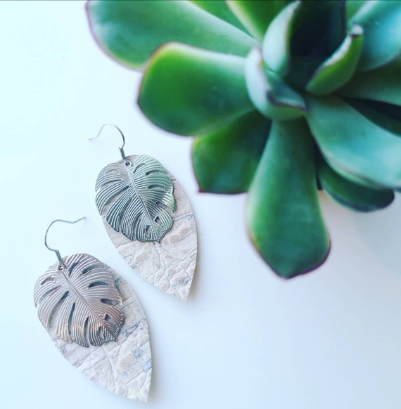 Monstera earrings, cork leather earrings, vegan earrings