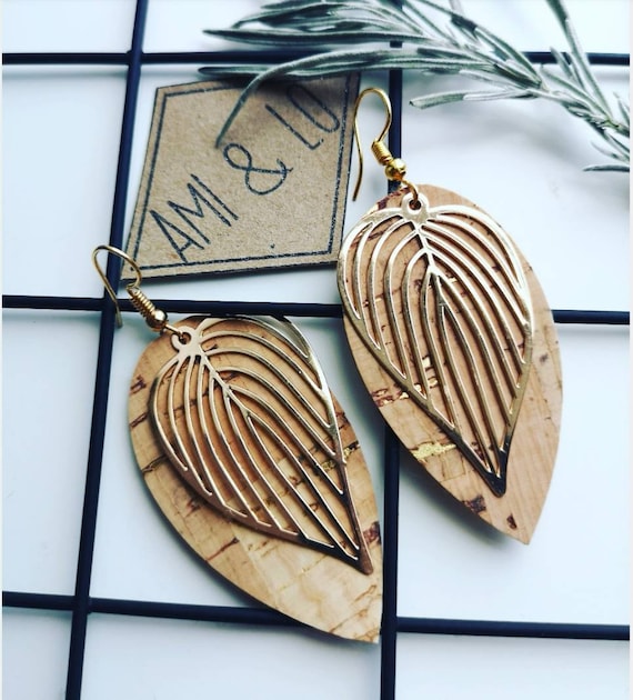 Leaf earrings, cork leather earrings, vegan earrings