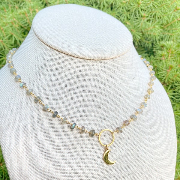 Labradorite Beaded Moon Pendant Necklace - Genuine Crystals + 24k Gold or Silver Plated