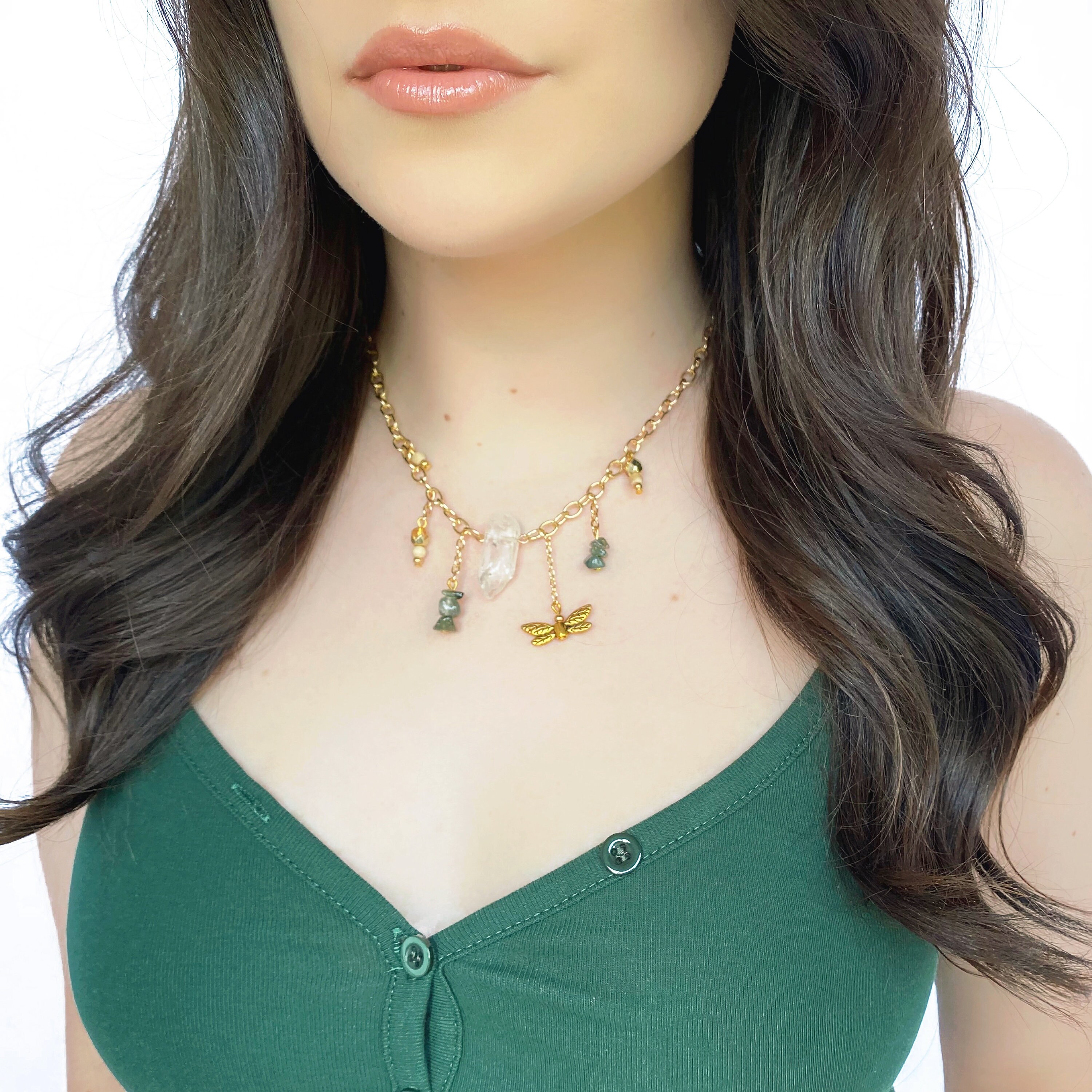 ハンドメイド♡necklace天然石set Forest Fairy Chunky Charm Necklace - Genuine Clear Quartz +