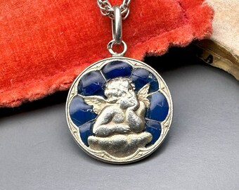 Miniature Guardian Angel Pendant, Antique French Raphael Angel Charm on Chain