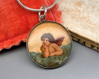 Antique Guardian Angel Pendant, Iridescent Raphael Angel Medallion, Guardian Angel Jewelry