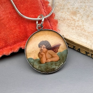 Antique Guardian Angel Pendant, Iridescent Raphael Angel Medallion, Guardian Angel Jewelry