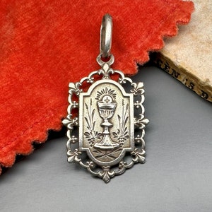 Silver Religious Medal, Fleur-de-lis, French Antique Jewelry