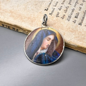 Antique Enamel Virgin Mary Pendant, French Religious Medal