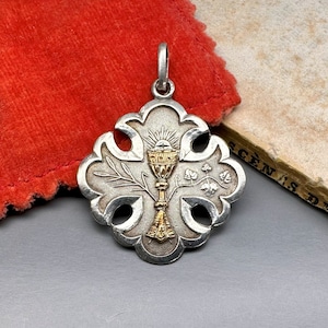 Antique French Cross Medal, Silver Medallion, 1st Communion