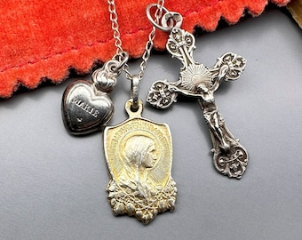 Antique French Religious Necklace, Rosa Mystica, Virgin Mary, Silver Cross, French Religious Pendant, Silver Heart Charm