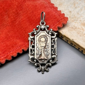 Antique Religious Medallion, Sterling Silver French Medal, First Communion
