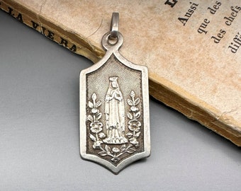 Vintage French Virgin Mary Medal, Solid Silver Religious Medallion