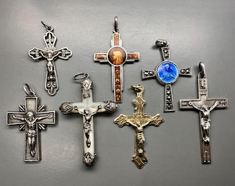 Antique Silver Cross Crucifix: French Religious Pendant Necklace