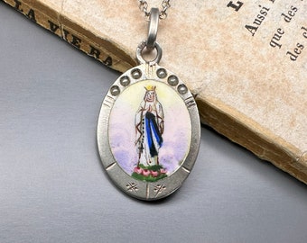 18" Virgin Mary Pendant, Antique Catholic Medallion Necklace