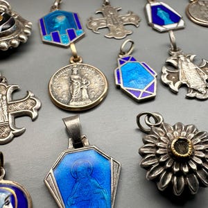 Virgin Medal, French Medal, Dainty Medal, Blue Enamel Medal, Silver Medal, Religious Medal, Antique Medal, Virgin Mary, French Antiques