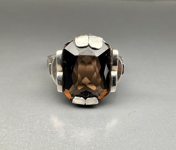 1930s German Art Deco Ring, Smoky Quartz Cocktail Ring, US Size 9 1/2
