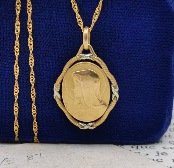 Antique French Virgin Mary Necklace, Gold Plated