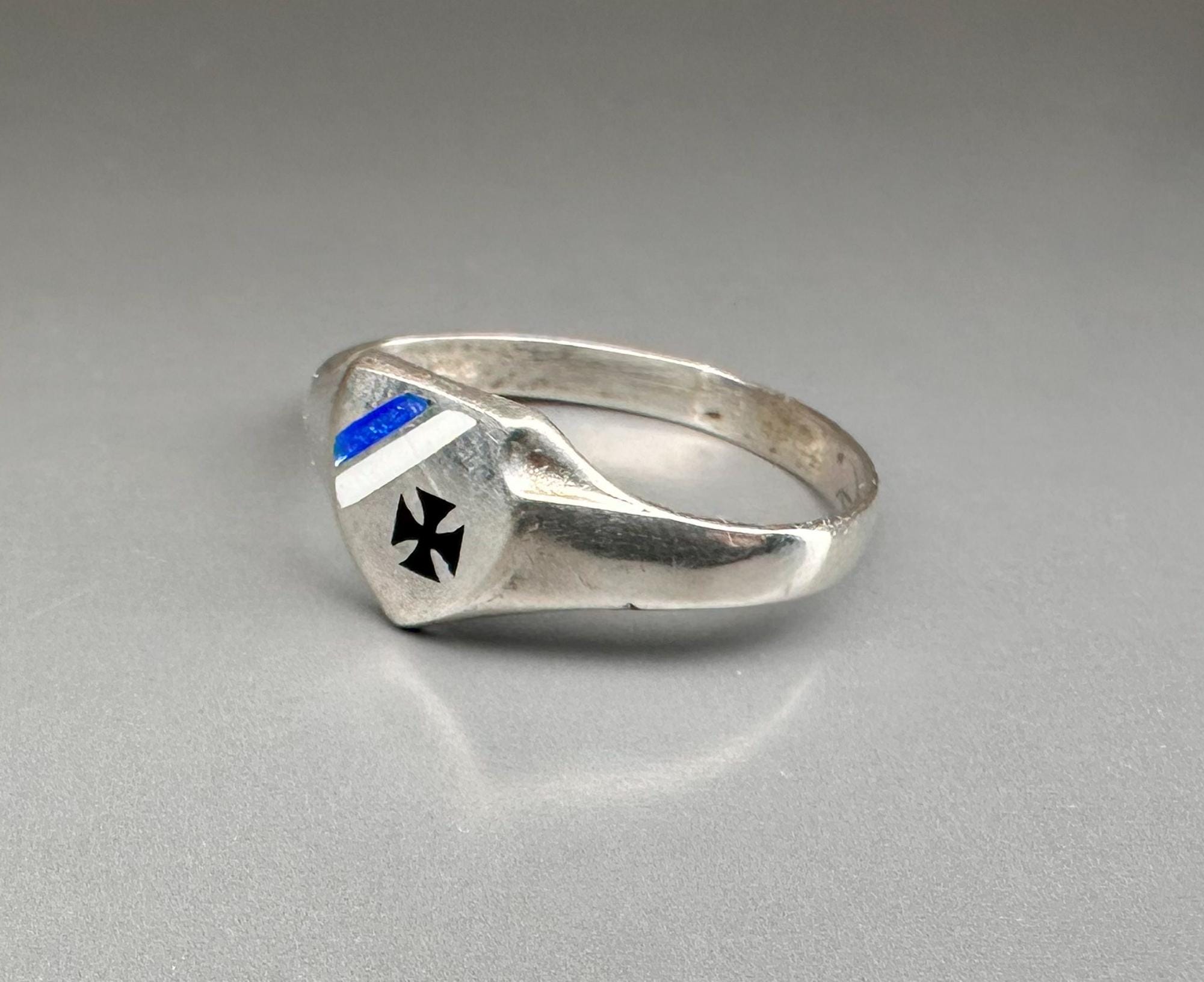 Chevalière allemande en argent, bague croix noire en émail, bague