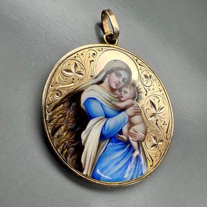14k Gold Antique Virgin Medal, Madonna and Child, Enamel Gold Medal, Antique Religious Medal, Maria Zell