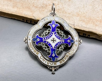 Antique Silver Enamel French Religious Medal, Sacred Heart of Jesus, Our Only Hope