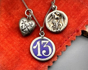 Antique Silver Lucky 13 Charm on a Chain, French Religious Necklace, Saint Michael, Faith Hope Love