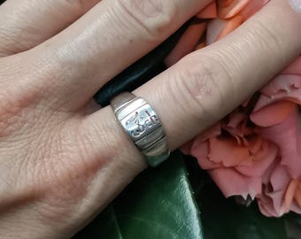 Anello Art Déco in argento tedesco degli anni '30, anello inciso "ISCH", taglia USA 9