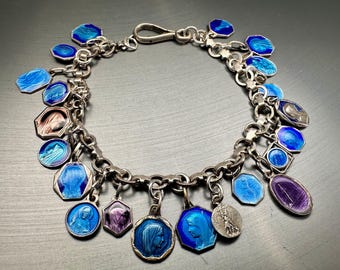 Bracciale in argento antico, braccialetto religioso francese, ciondoli smaltati, Vergine Maria