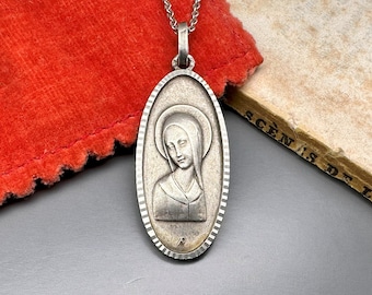 French Silver Virgin Mary Pendant, Art Deco Religious Necklace