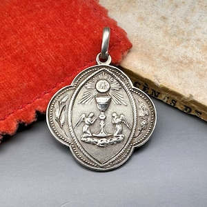 Vintage French Communion Medal, Guardian Angel, Solid Silver Protection Necklace Charm