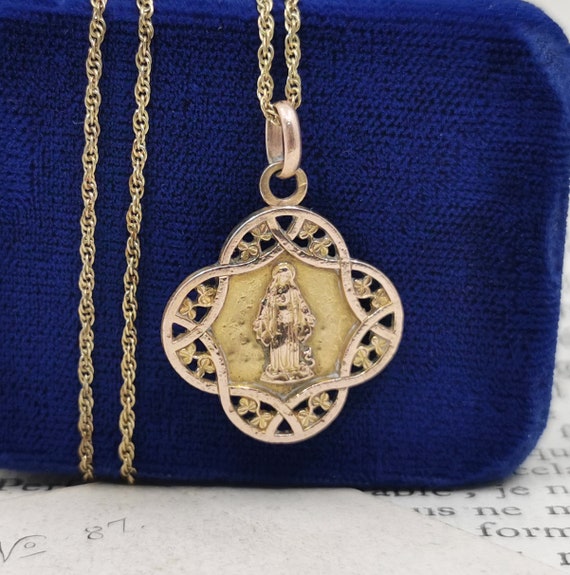 Antique French Virgin Mary Necklace, Gold Plated