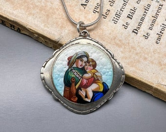 17" Mother Mary Enamel Medallion on a Chain, Dainty Necklace, Virgin of the Chair