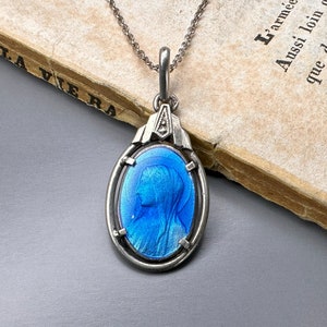 Antique Virgin Mary Medal, Silver Lourdes Pendant Necklace