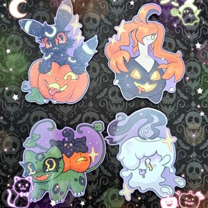 May include: Four Halloween-themed stickers featuring different Pokemon characters holding jack-o'-lanterns. The stickers are on a black background with a skull pattern.