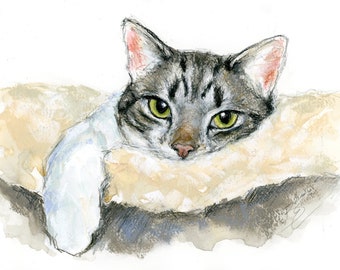 Oeuvre d'art originale - Aquarelle A4 et portrait pastel d'un chat par l'artiste animalière Belinda Elliott