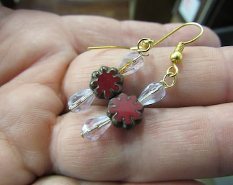 Czech Glass Bead Earrings Red and Clear Floral